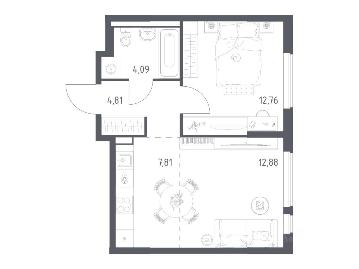 1-комн. квартира, 42,35 м², в ЖК Горки Парк