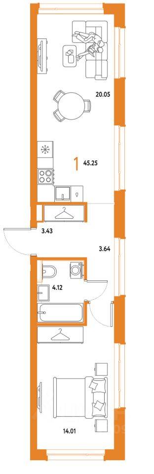 1-комн. квартира, 45,25 м², в ЖК Страна.Парковая