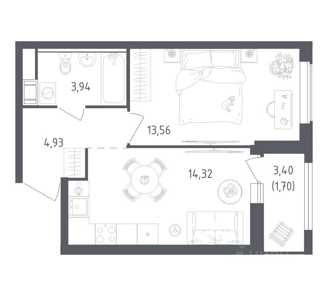 1-комн. квартира, 38,45 м², в ЖК Южная Нева