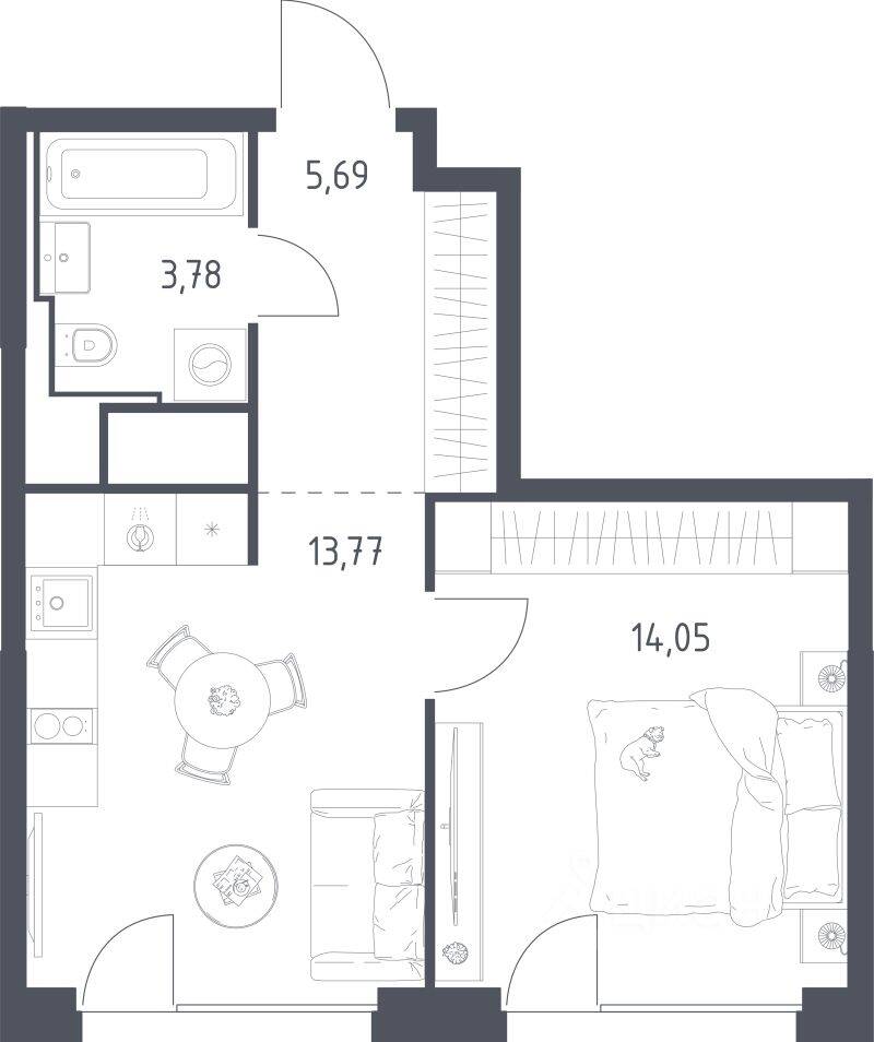 Планировка 1 комнатной квартиры, 37.29 м², в «Квартал на воде»