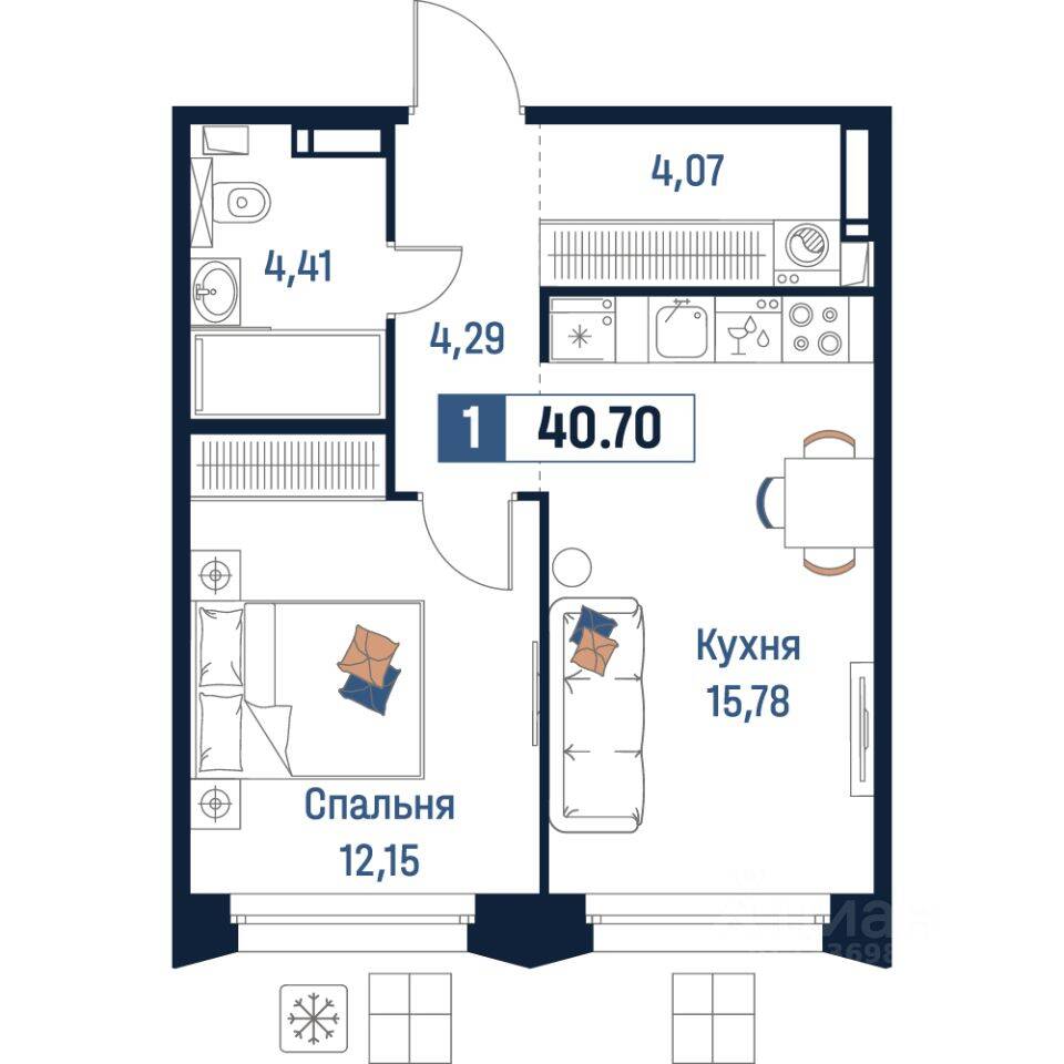 1-комн. квартира, 40,7 м², в ЖК Максималист