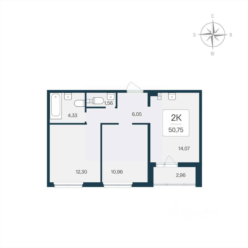 Планировка 2 комнатной квартиры, 50.75 м², в «Расцветай в Янино»
