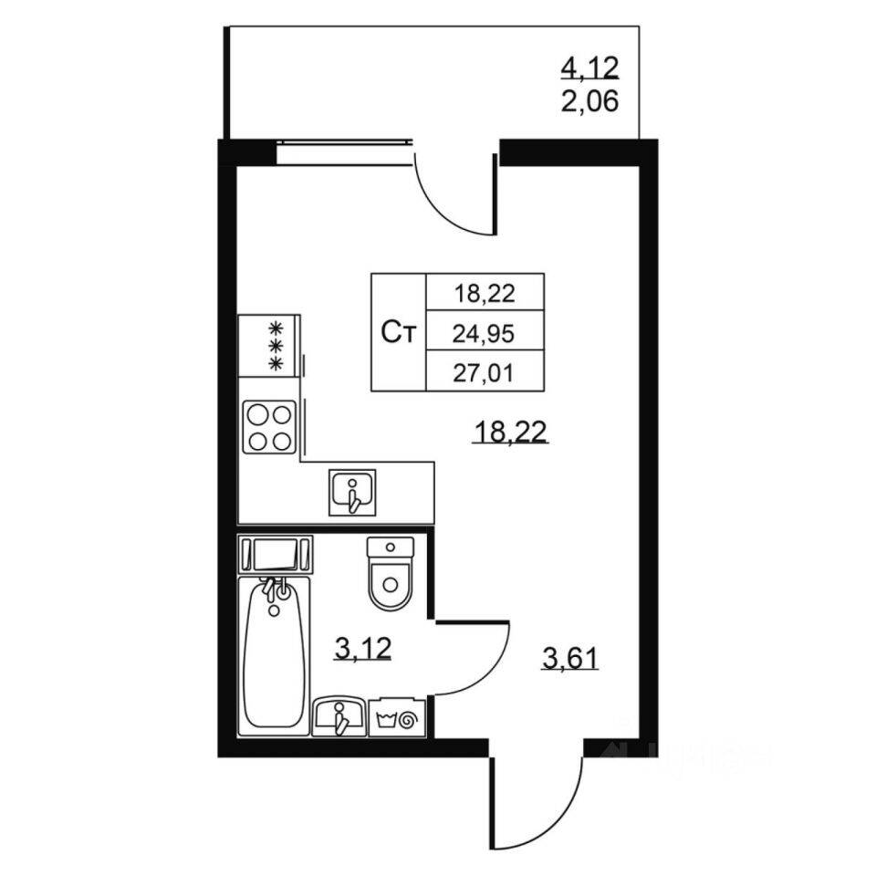 Квартира-студия, 27,01 м², в ЖК Перспектива