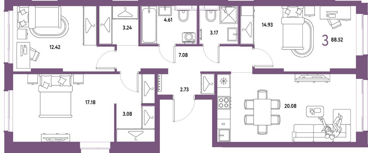 3-комн. квартира, 88,52 м², в ЖК Страна.Парковая