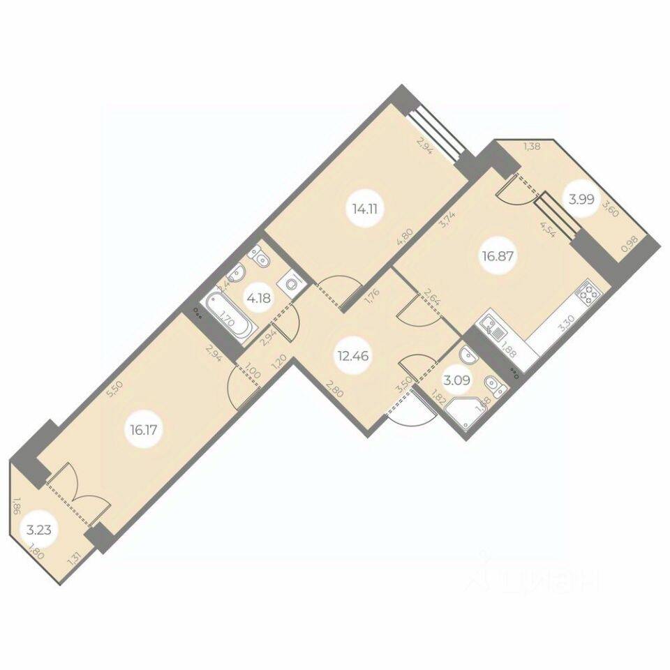 Планировка 2 комнатной квартиры, 69.79 м², в «Огни Залива»