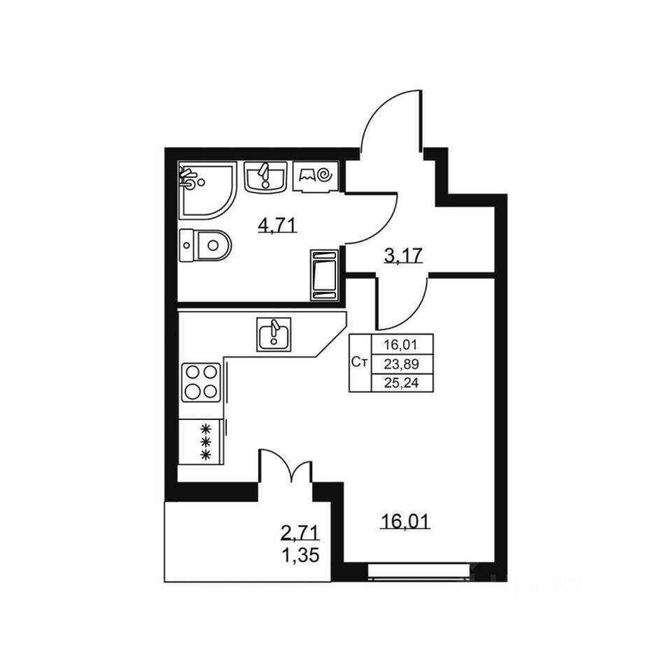 Квартира-студия, 25,24 м², в ЖК «Высота» (Бугры)