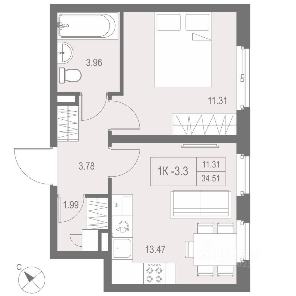1-комн. квартира, 34,51 м², в Апарт-комплекс ZOOM на Неве