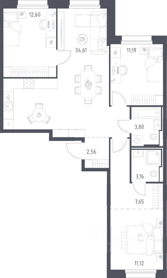 3-комн. квартира, 86,69 м², в ЖК Заречье Парк