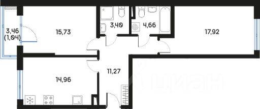 2-комн. квартира, 69,3 м², в ЖК Регенбоген