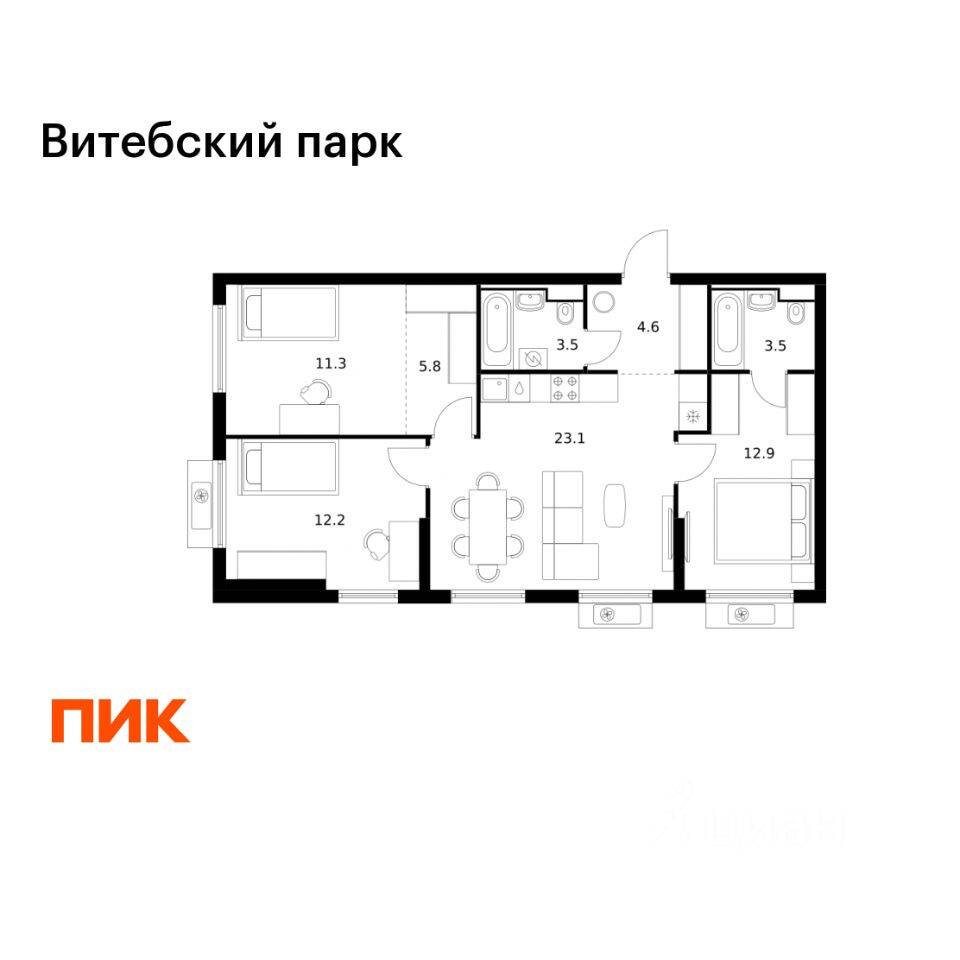 3-комн. квартира, 76,9 м², в ЖК Витебский парк
