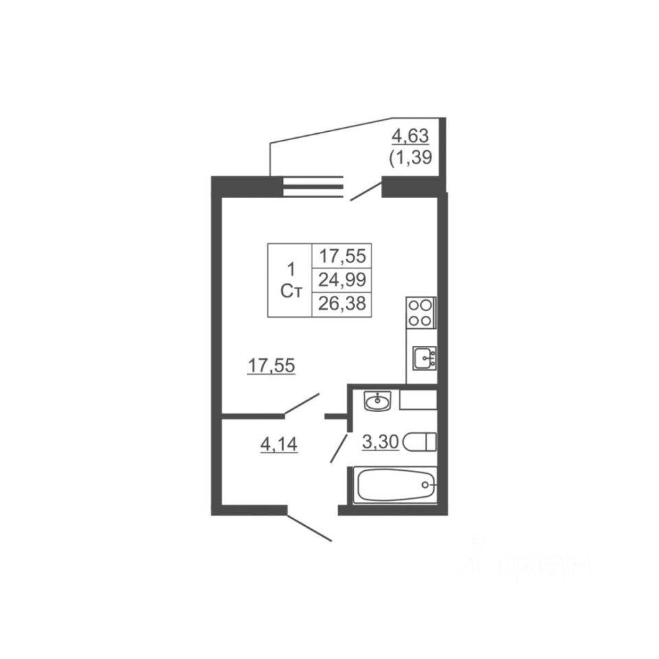 Планировка 1 комнатной квартиры, 25.4 м², в «Тандем»