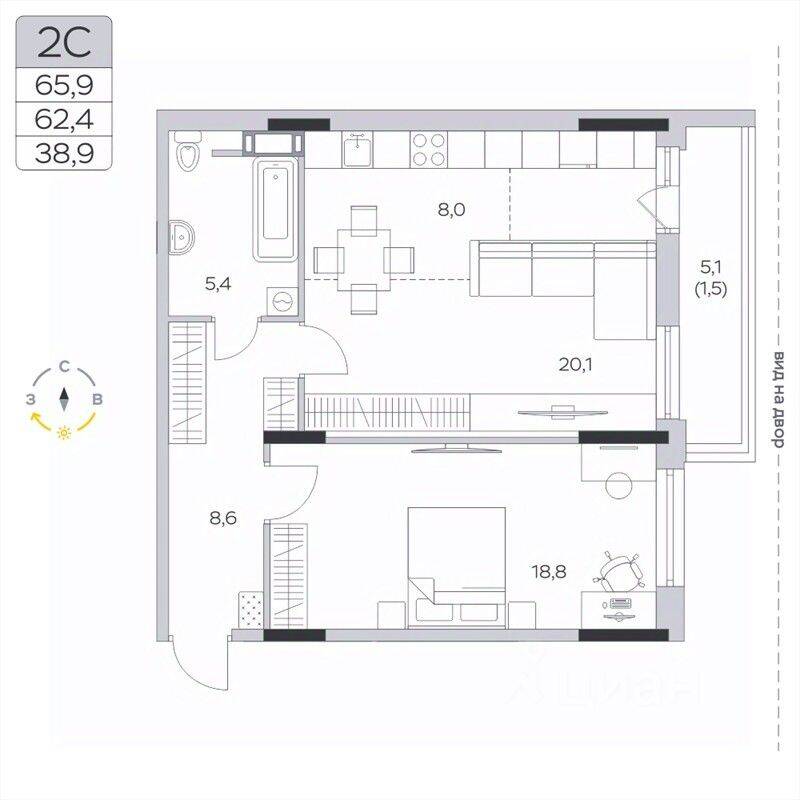 1-комн. квартира, 62,4 м², в ЖК «Пироговская Ривьера»