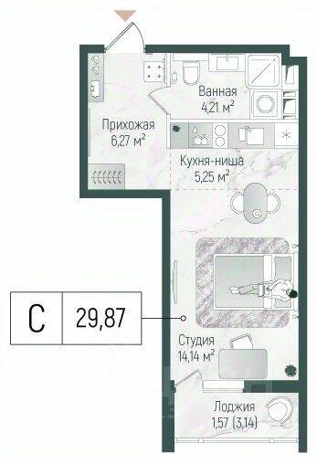 Квартира-студия, 31,44 м², в ЖК Riga Hills