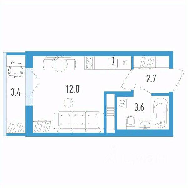 Планировка 1 комнатной квартиры, 20.1 м², в «Aerocity 4»