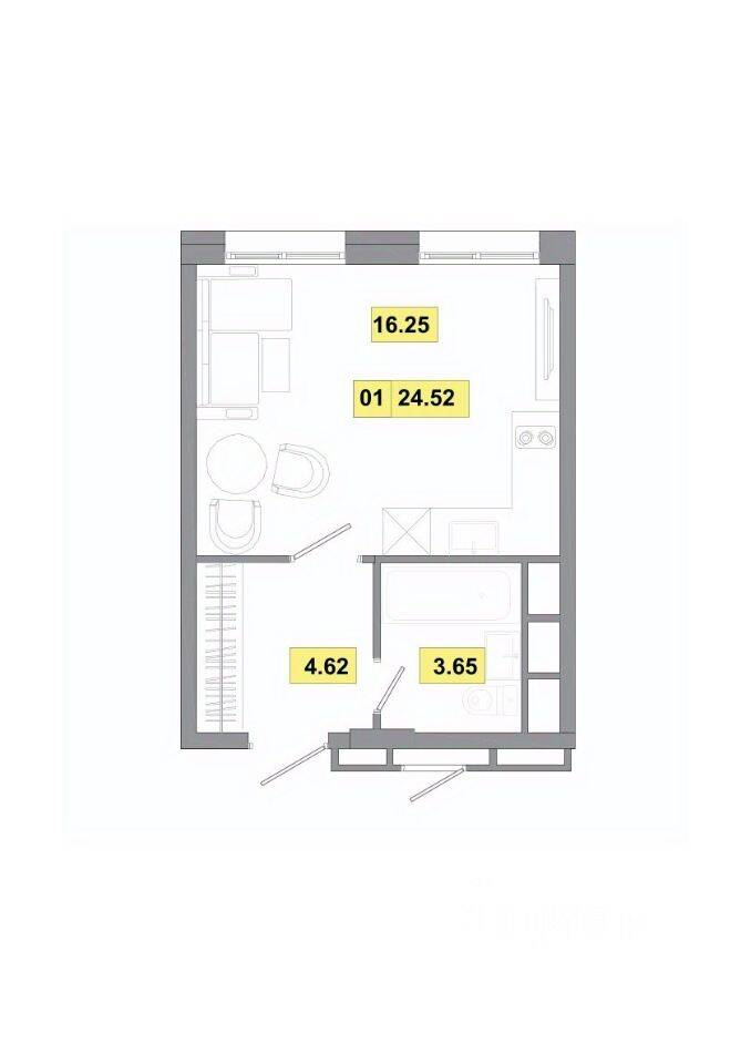 Планировка 1 комнатной квартиры, 24.52 м², в «Радость»