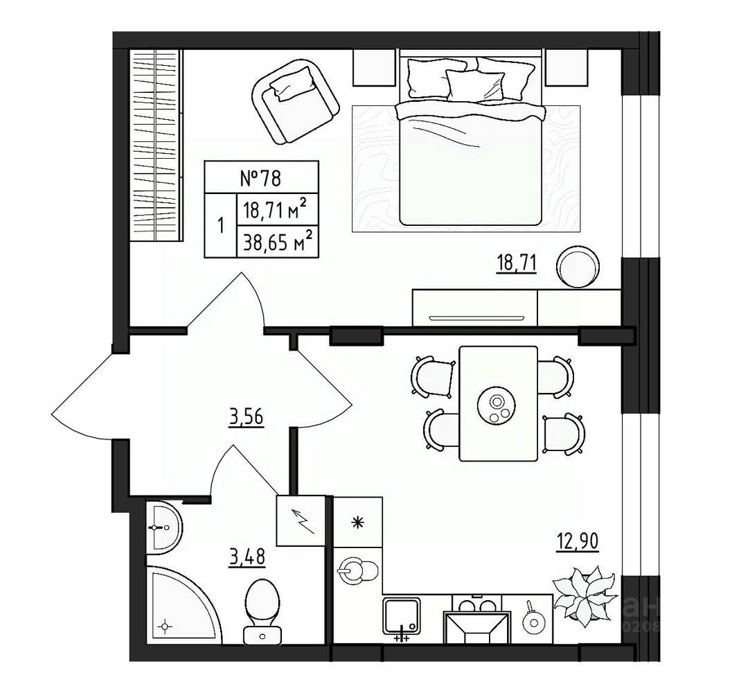 1-комн. квартира, 38,65 м², в Малоэтажный ЖК Верево-Сити