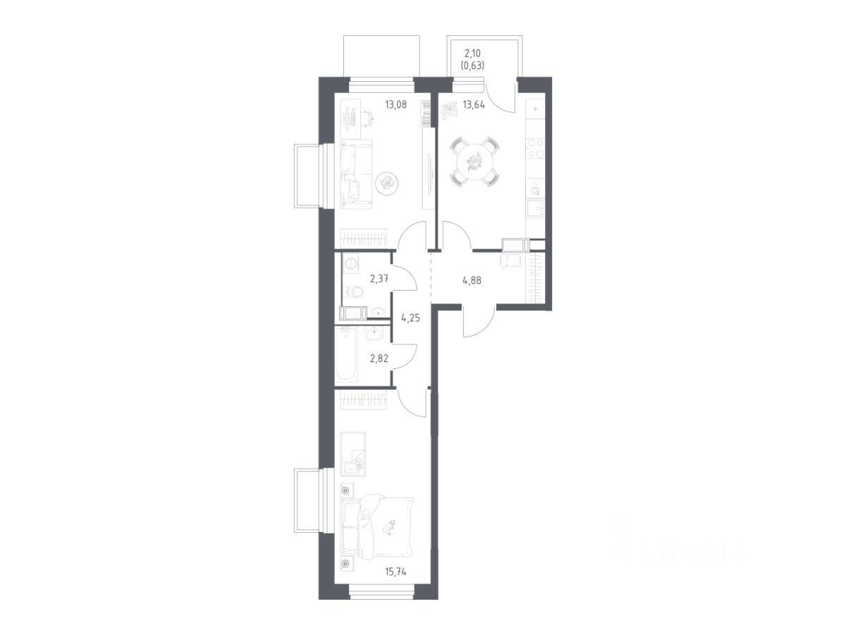 2-комн. квартира, 57,41 м², в ЖК Томилино Парк