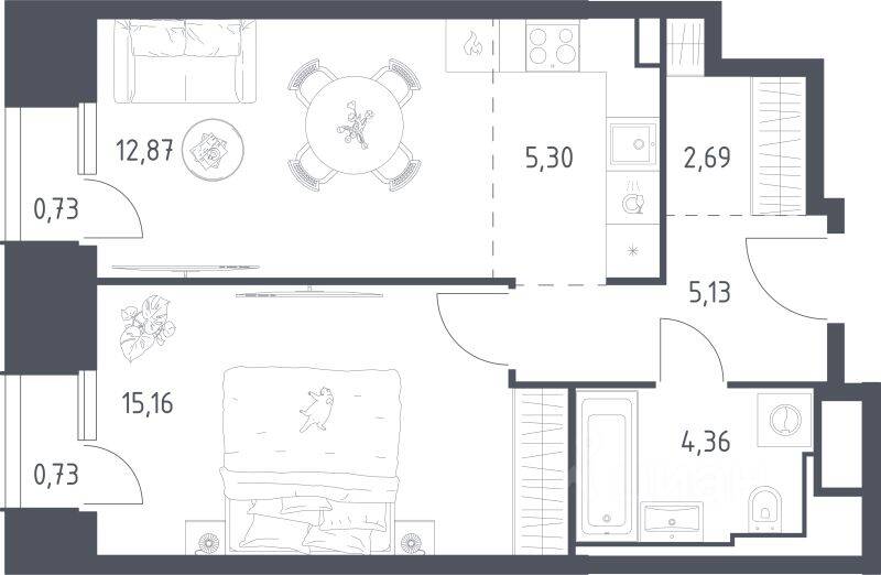 Планировка 1 комнатной квартиры, 46.97 м², в «Sky Sputnik»