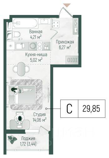 Квартира-студия, 31,28 м², в ЖК Riga Hills