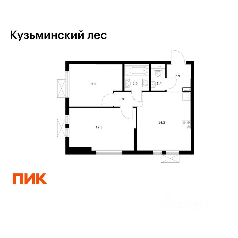 Планировка 2 комнатной квартиры, 46 м², в «Кузьминский лес»