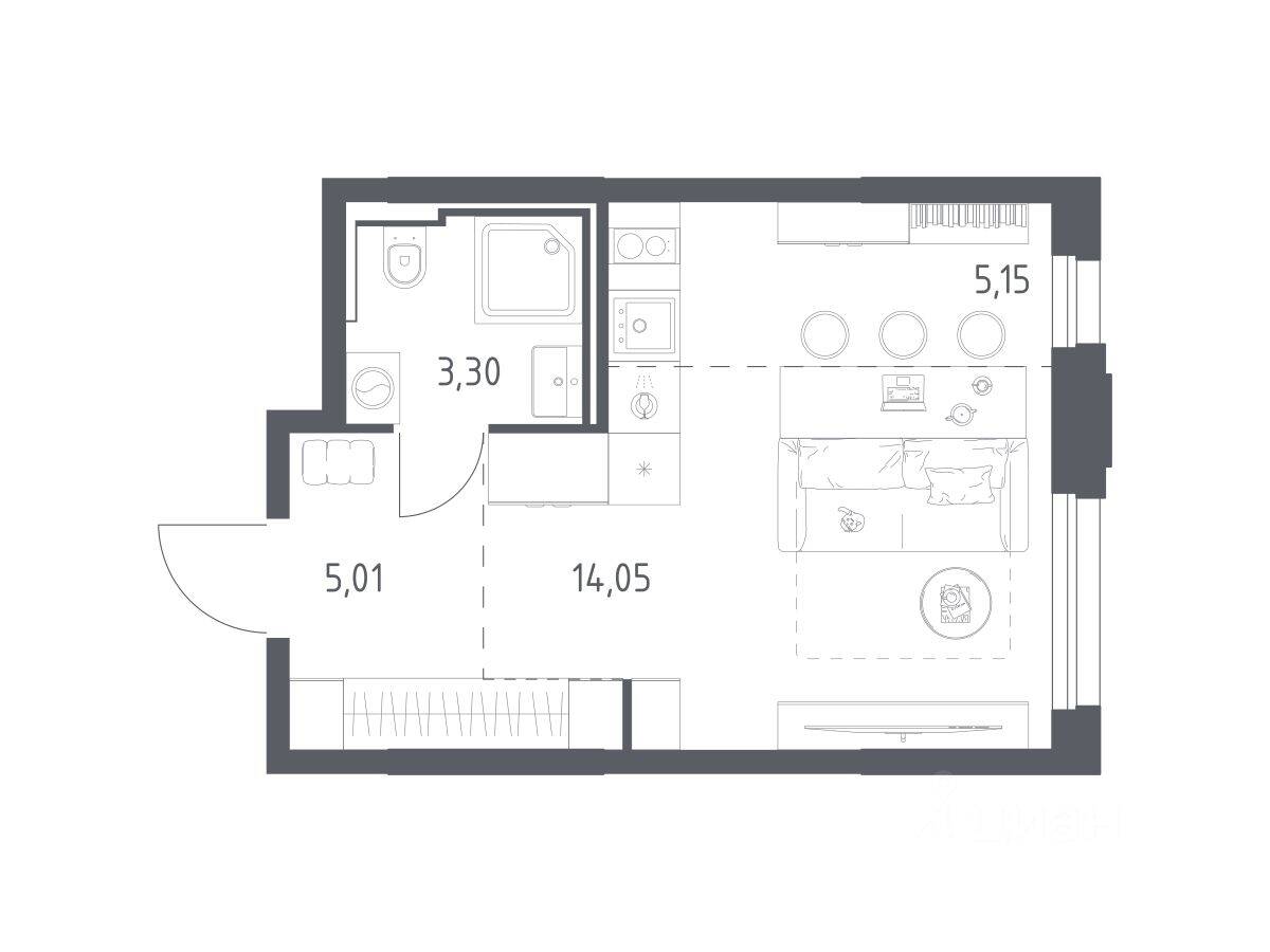 Планировка 1 комнатной квартиры, 27.51 м², в «Квартал Строгино»