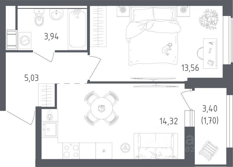 1-комн. квартира, 38,55 м², в ЖК Южная Нева