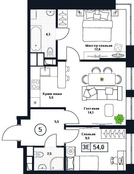 3-комн. квартира, 54 м², в ЖК Пушкино Град