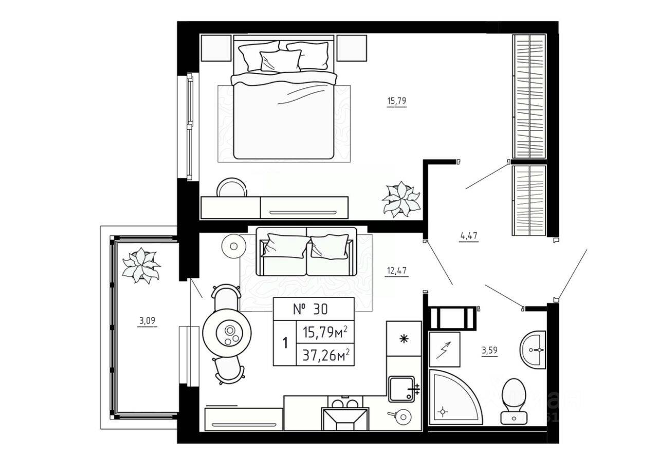 1-комн. квартира, 37,26 м², в Малоэтажный ЖК Аннино Сити