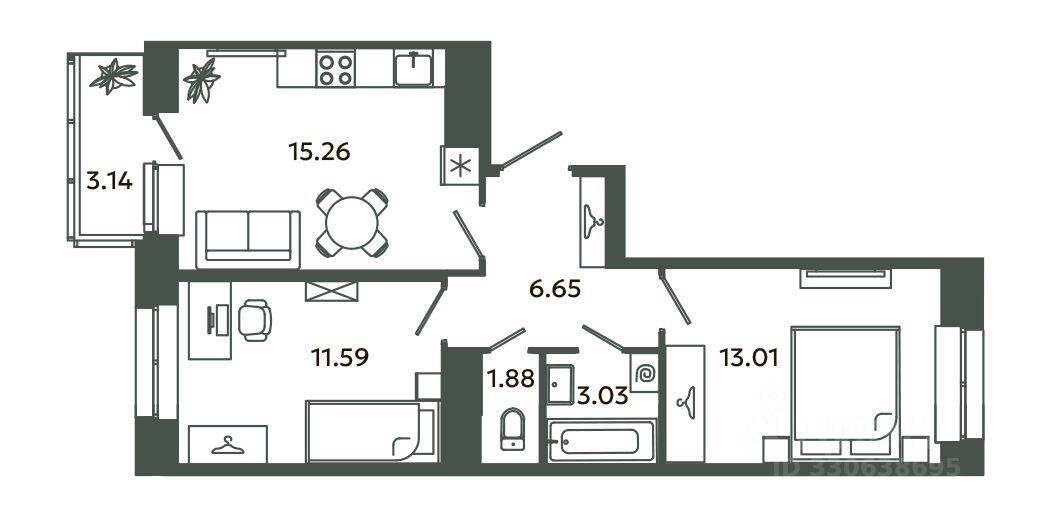 2-комн. квартира, 51,42 м², в ЖК Загляденье