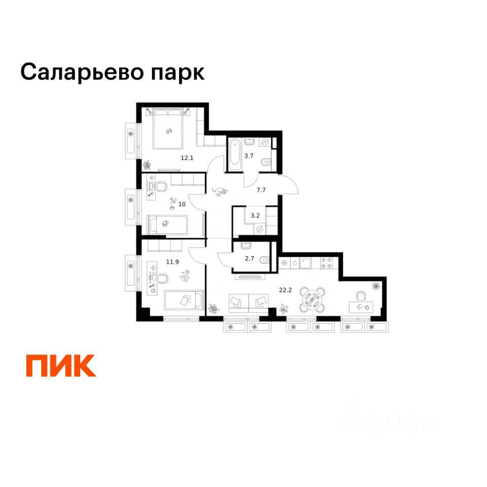 3-комн. квартира, 73,5 м², в ЖК «Саларьево парк»