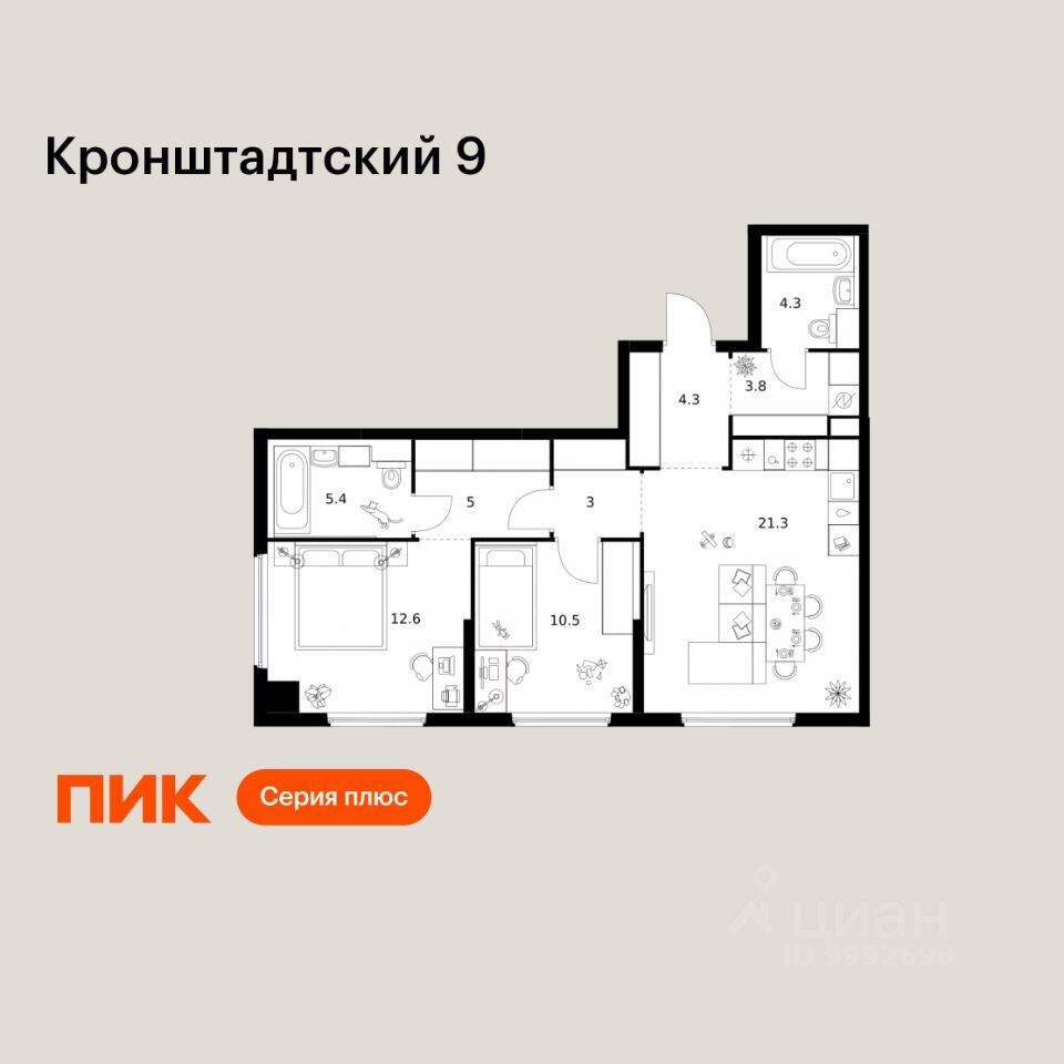 2-комн. квартира, 70,2 м², в ЖК Кронштадтский 9