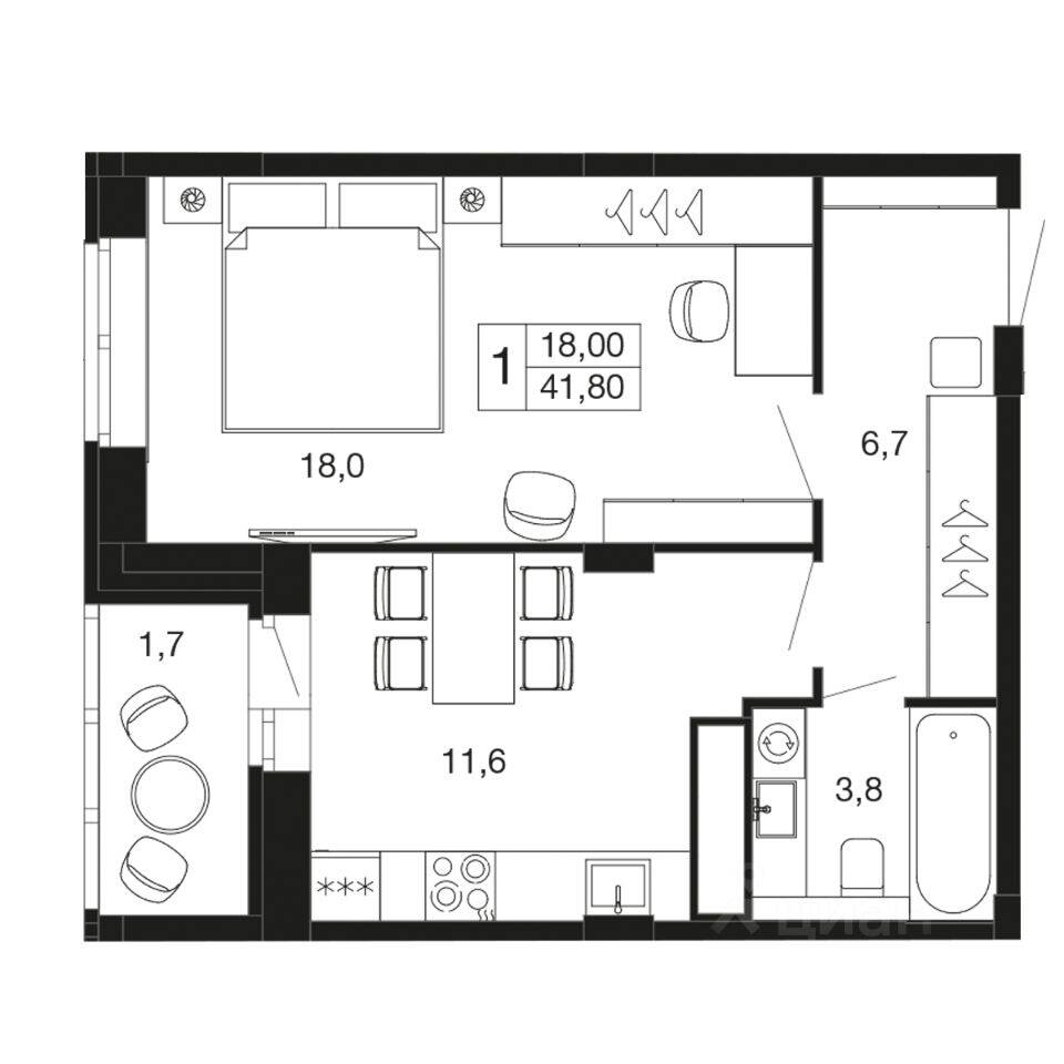 1-комн. квартира, 41,8 м², в ЖК «Времена года»