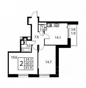 2-комн. квартира, 61,9 м², в ЖК Космос