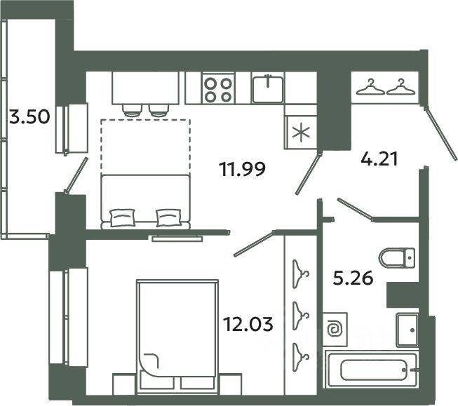 1-комн. квартира, 33,49 м², в ЖК Загляденье