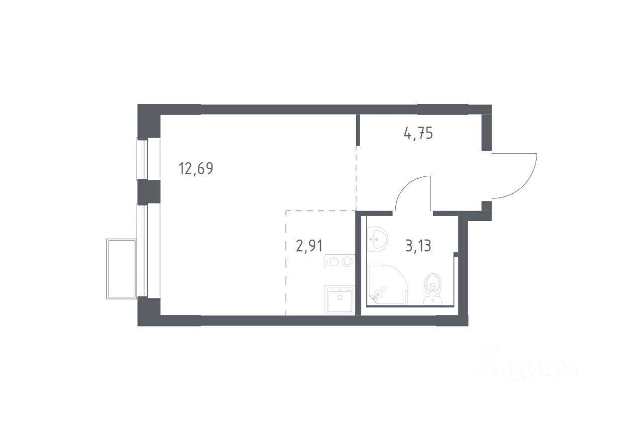 Планировка 1 комнатной квартиры, 23.3 м², в «Егорово Парк»