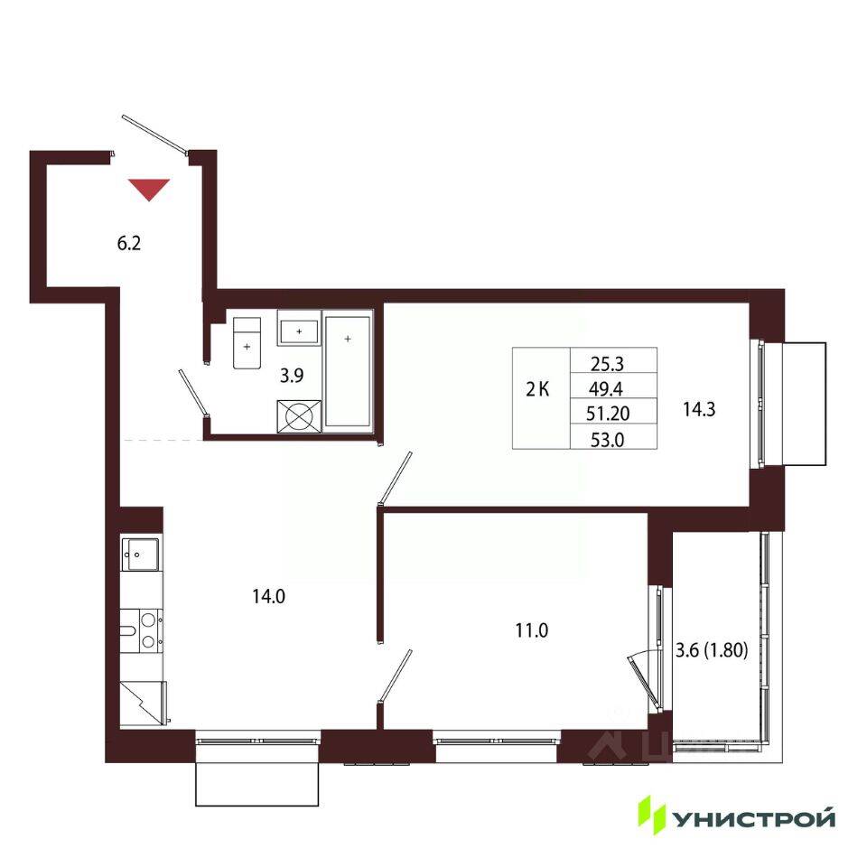 2-комн. квартира, 51,2 м², в Малоэтажный ЖК Лисино