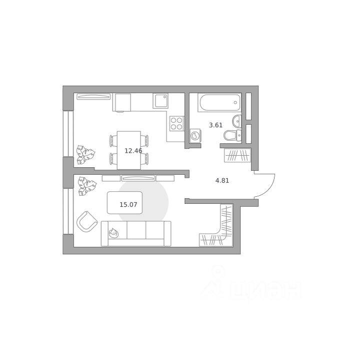Планировка 1 комнатной квартиры, 35.95 м², в «Живописный»