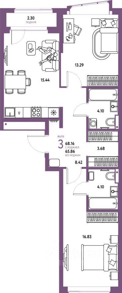 3-комн. квартира, 68,16 м², в ЖК Страна.Парковая