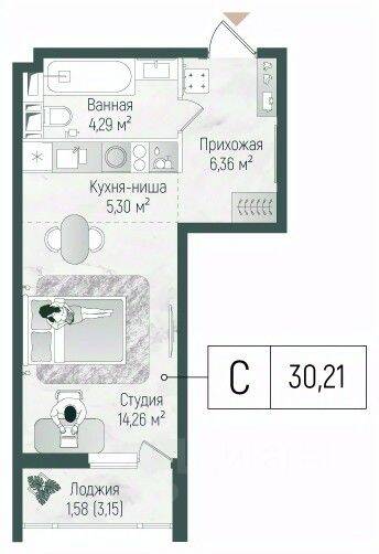 Квартира-студия, 31,79 м², в ЖК Riga Hills