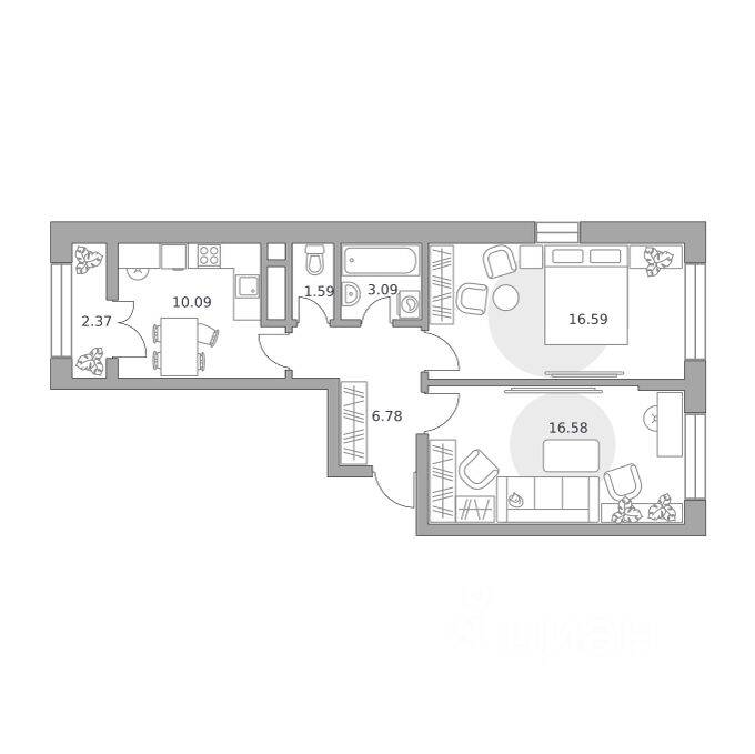 2-комн. квартира, 57,09 м², в ЖК Пехра