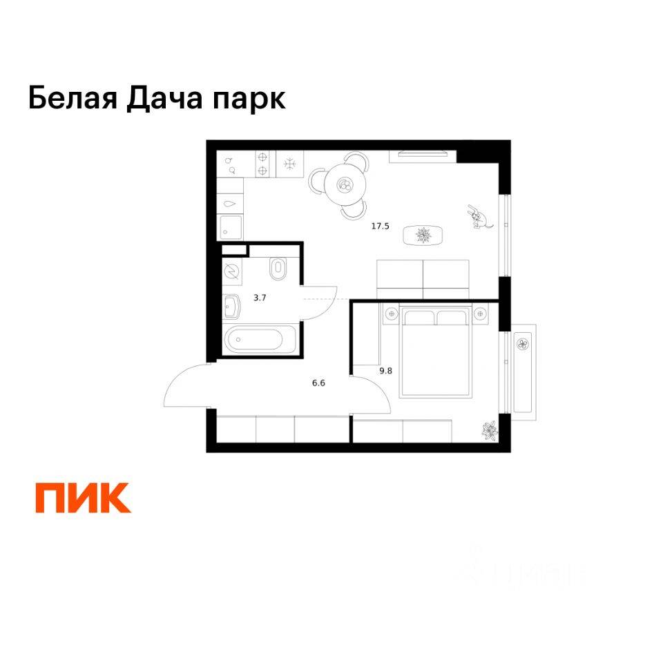 1-комн. квартира, 37,6 м², в ЖК «Белая Дача парк»