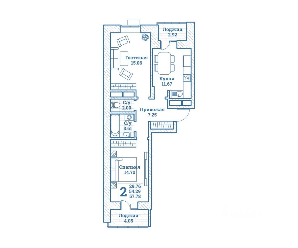 2-комн. квартира, 57,78 м², в ЖК Новоград Монино