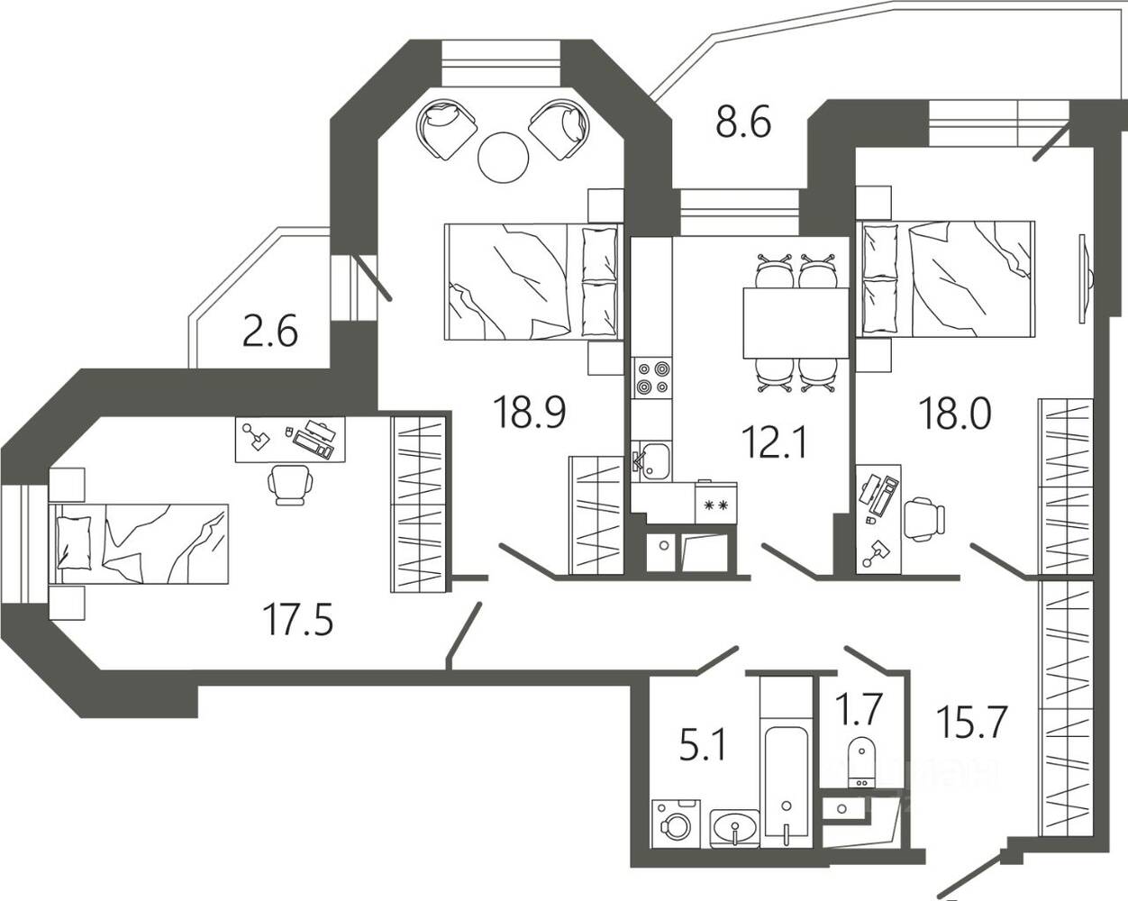 3-комн. квартира, 92,9 м², в ЖК «Советская 18»