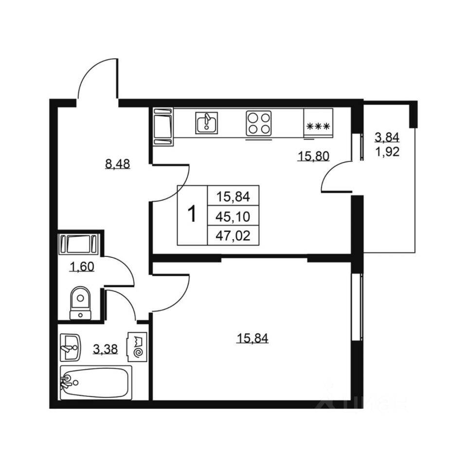1-комн. квартира, 47,02 м², в ЖК «Высота» (Бугры)