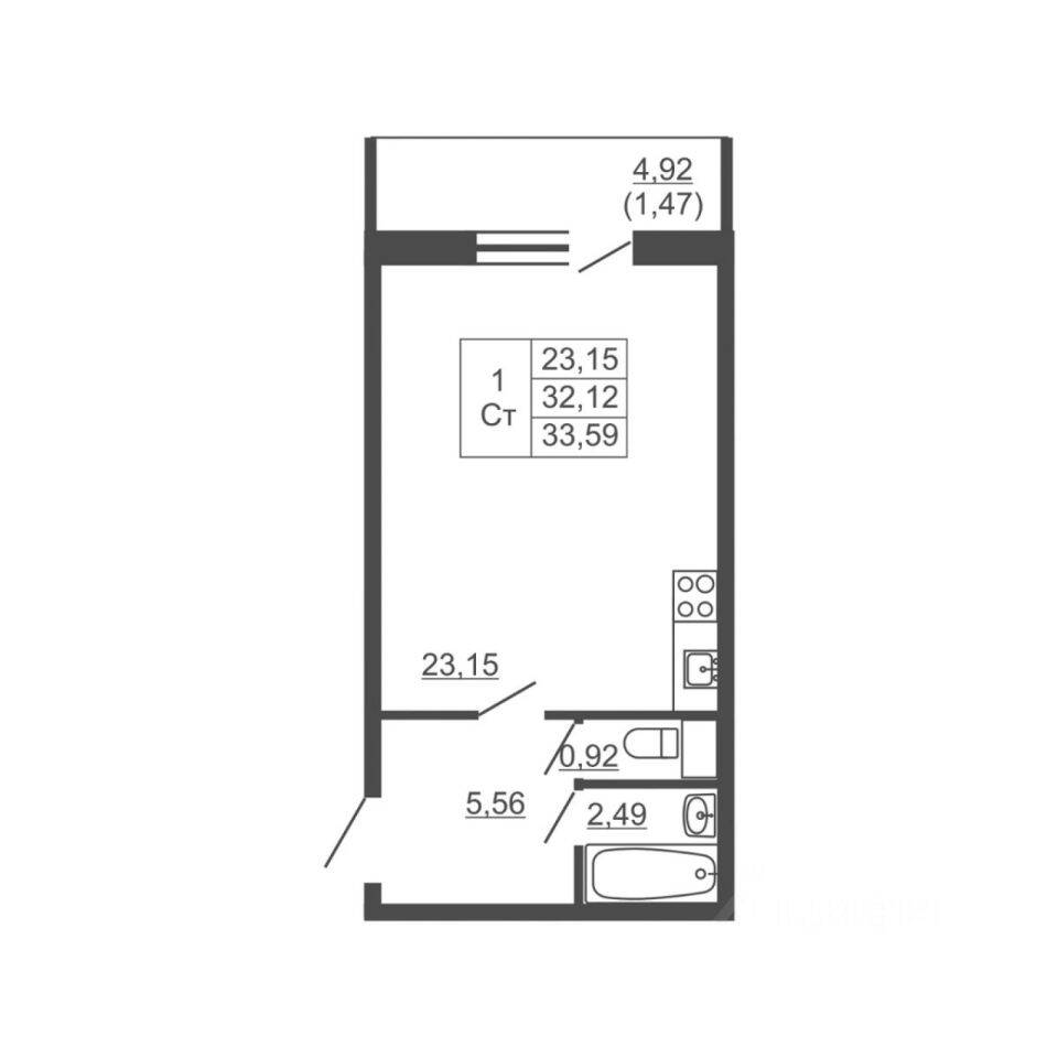 Квартира-студия, 31,9 м², в ЖК Тандем
