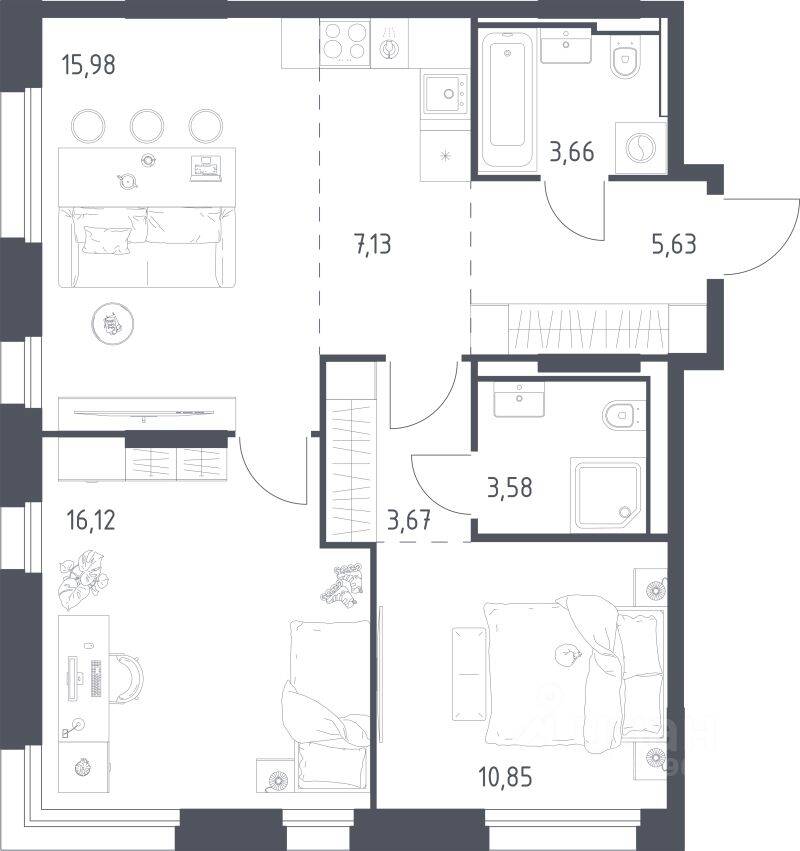 2-комн. квартира, 66,62 м², в ЖК Заречье Парк