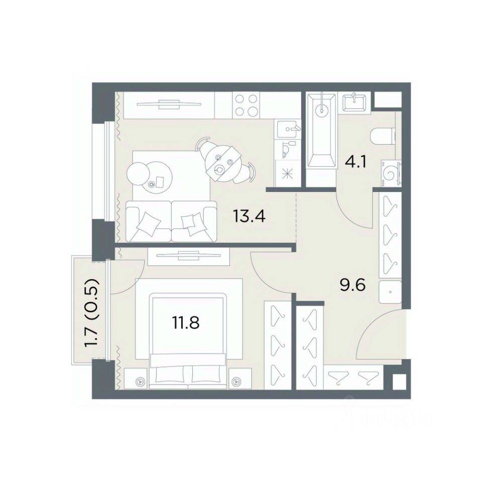 Планировка 1 комнатной квартиры, 39.4 м², в «Станиславский»