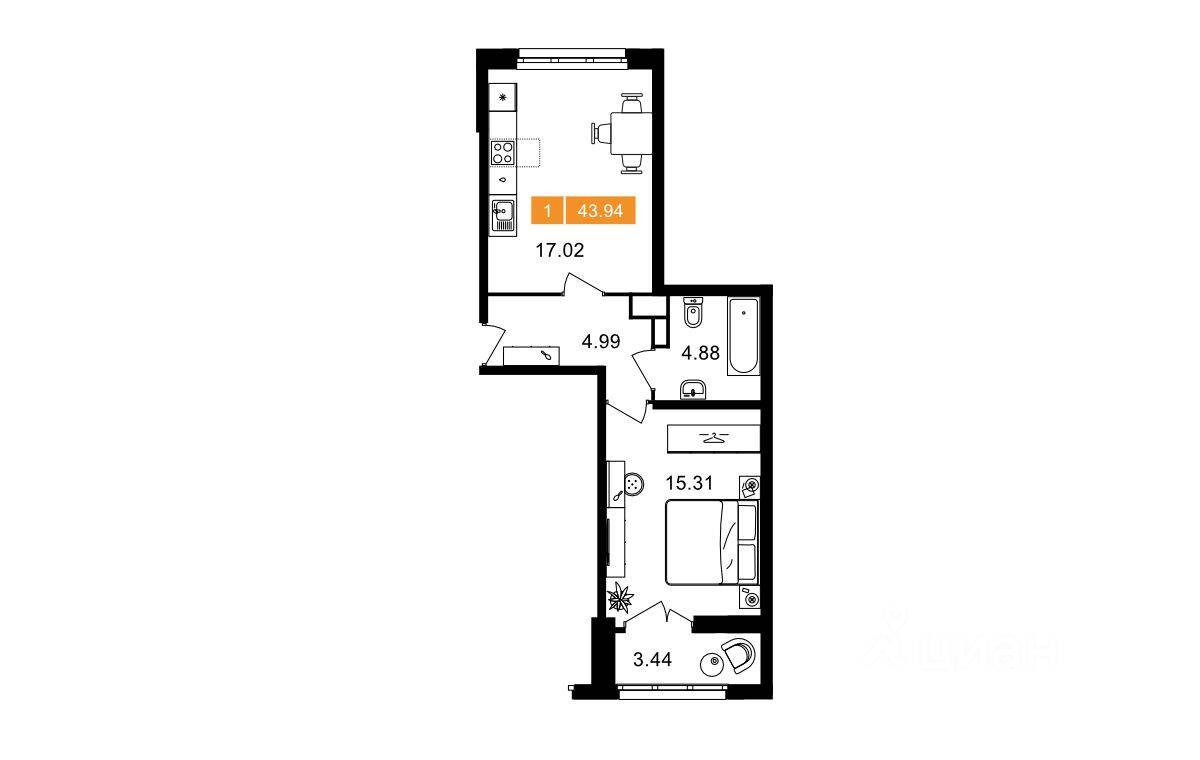 1-комн. квартира, 43,94 м², в ЖК Планерный квартал