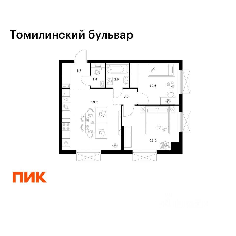 2-комн. квартира, 54,1 м², в ЖК Томилинский бульвар