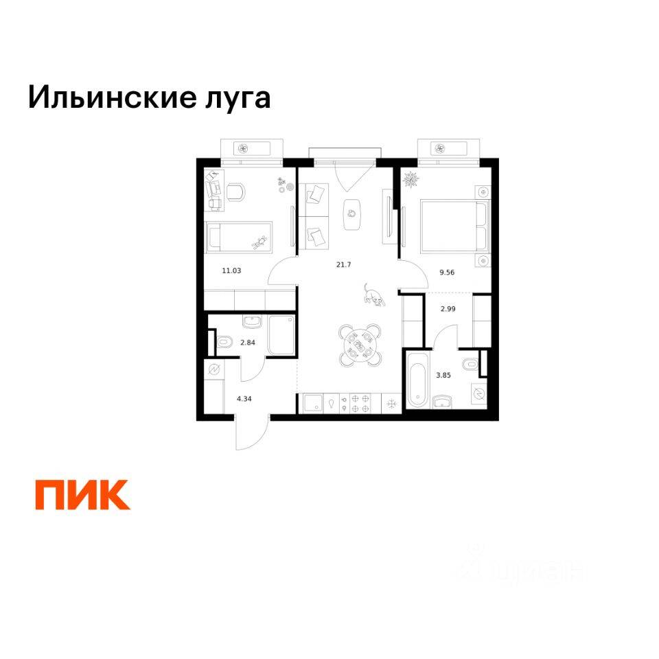 2-комн. квартира, 56,31 м², в ЖК «Ильинские луга»